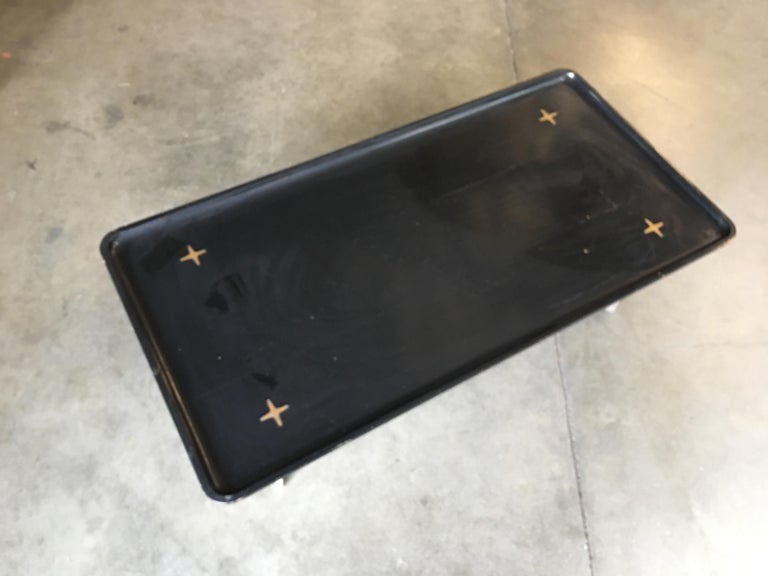Rare Midcentury Black Lacquer Coffee Table with Solid Cast Bronze Base