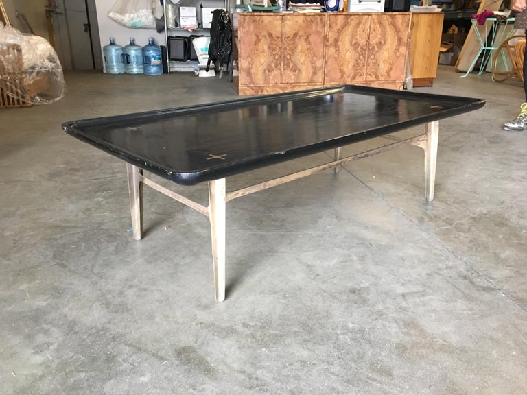 Rare Midcentury Black Lacquer Coffee Table with Solid Cast Bronze Base