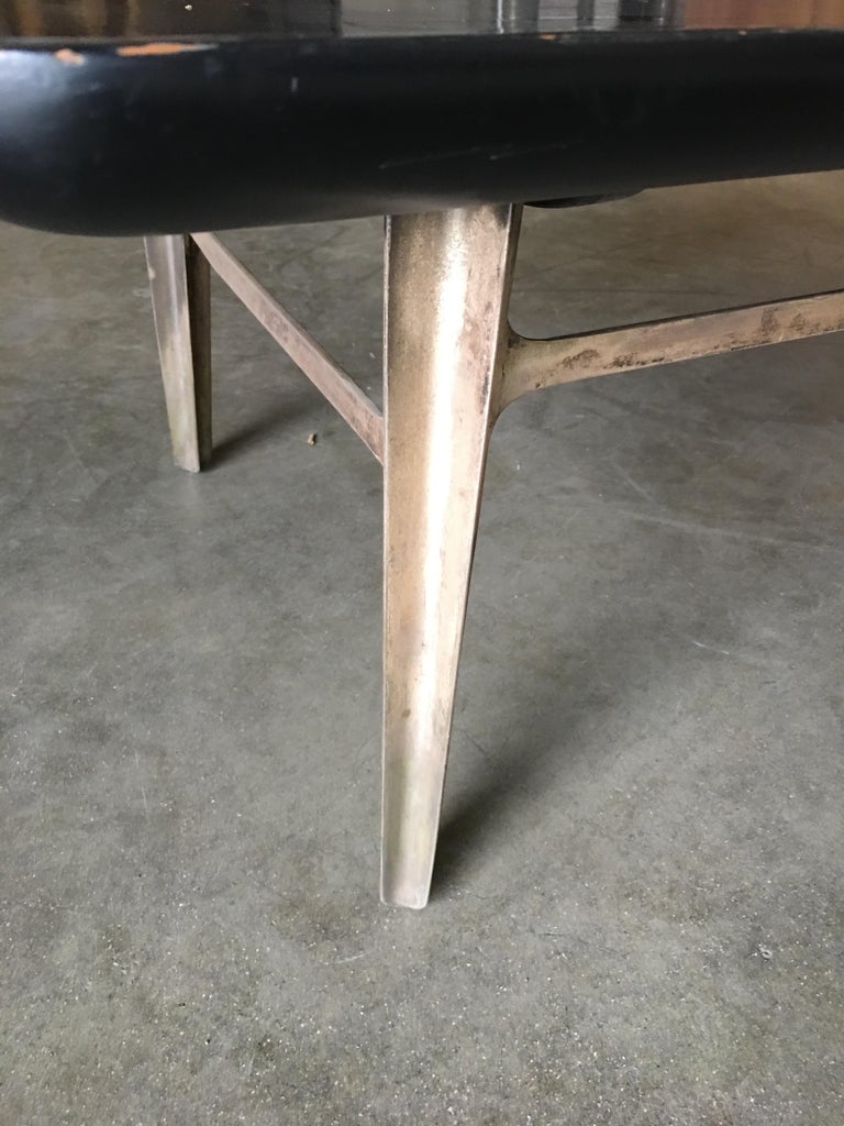 Rare Midcentury Black Lacquer Coffee Table with Solid Cast Bronze Base