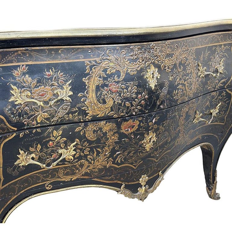 19th Century French with Brass Encroûtement Bombe Shaped Chinoiserie Commode