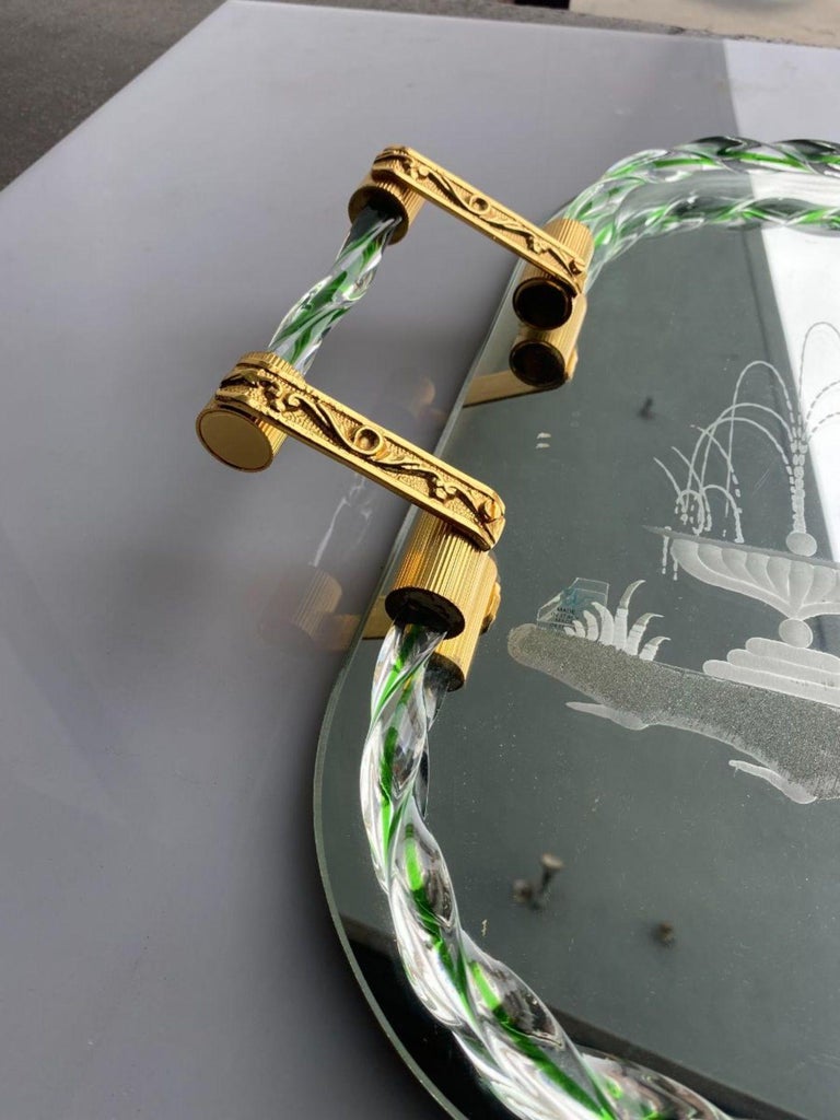 Itailan Murano Barovier Style Vanity Tray with Etched Mirror Twisted Glass Rope
