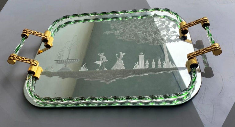 Itailan Murano Barovier Style Vanity Tray with Etched Mirror Twisted Glass Rope
