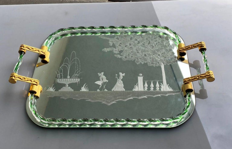 Itailan Murano Barovier Style Vanity Tray with Etched Mirror Twisted Glass Rope