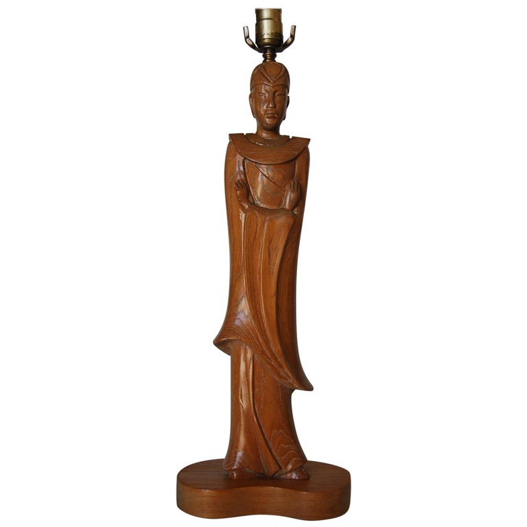 Midcentury Carved Oak Chinese Monk Wood Figure Lamp