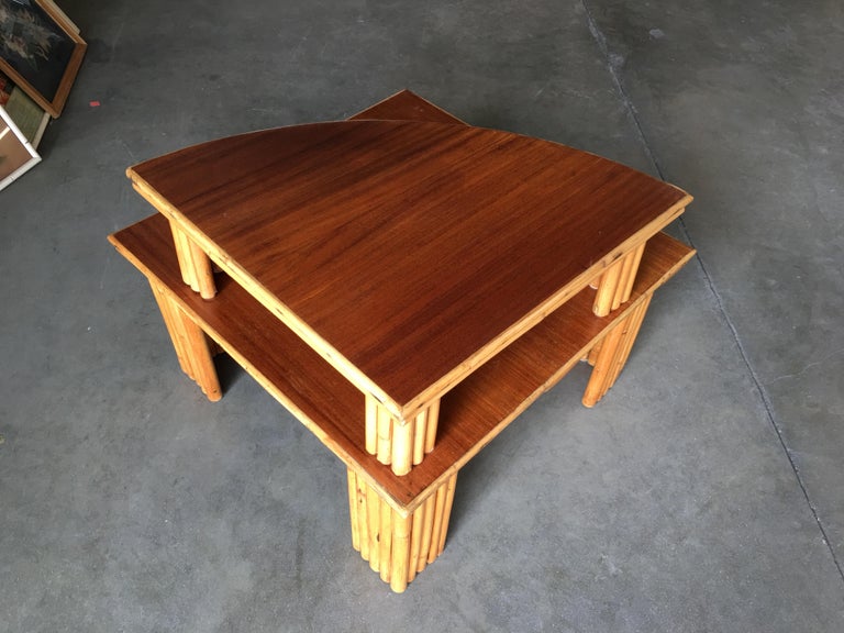 Restored Rattan Corner Side Table with Removable Mahogany Second Tier