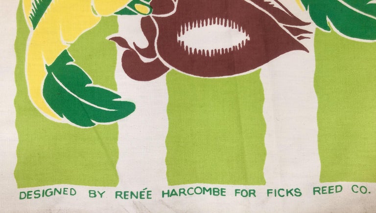 Wavy Green Striped Barkcloth with Tropical Banana Leaf Pattern