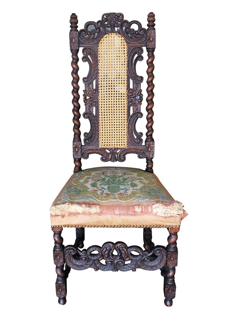 Victorian Hand Carved Oak Gothic Revival Side Throne Chair