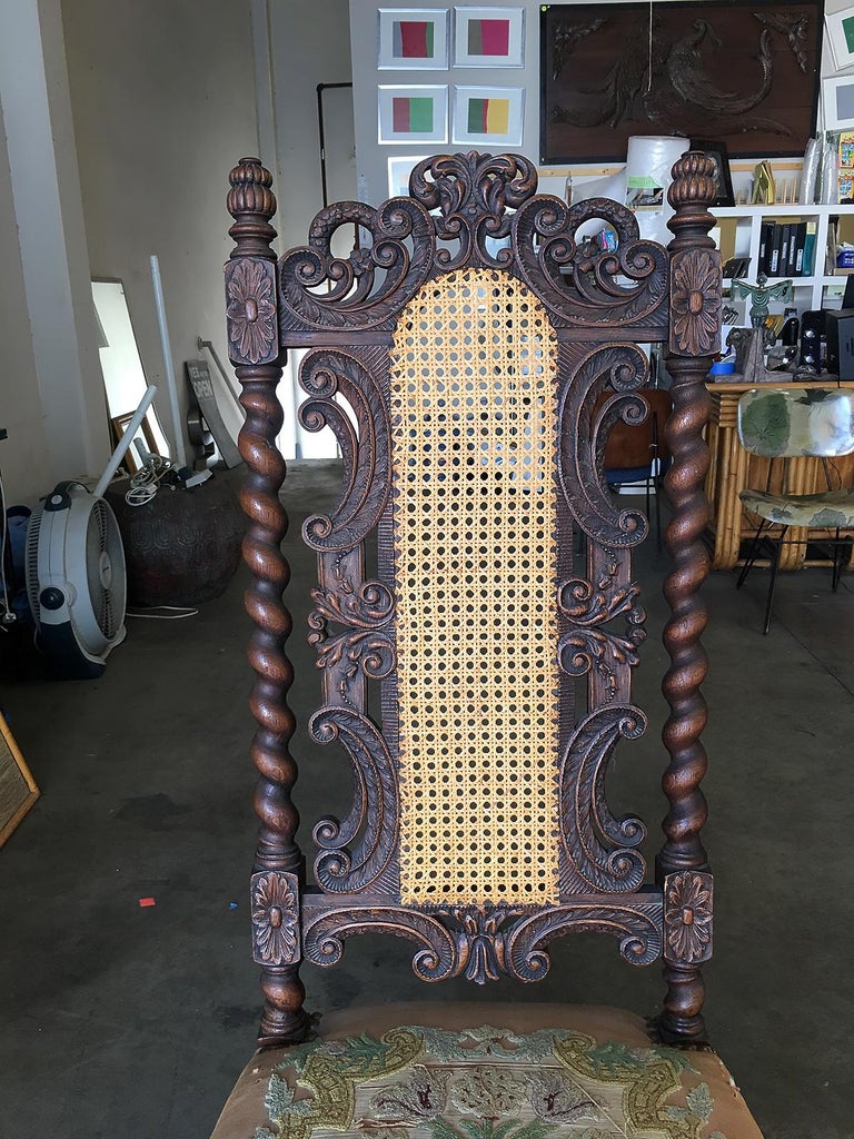 Victorian Hand Carved Oak Gothic Revival Side Throne Chair
