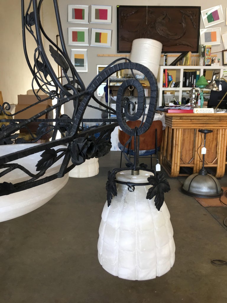 Black Iron Tole 4-Light Chandelier with Alabaster Shades