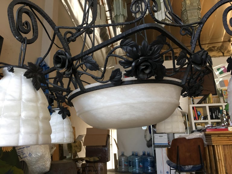 Black Iron Tole 4-Light Chandelier with Alabaster Shades