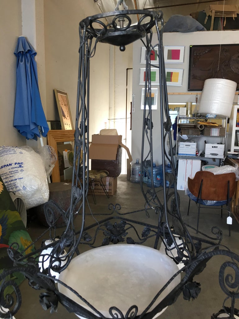 Black Iron Tole 4-Light Chandelier with Alabaster Shades