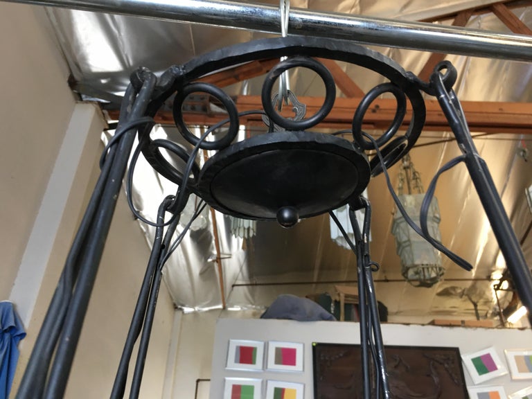 Black Iron Tole 4-Light Chandelier with Alabaster Shades