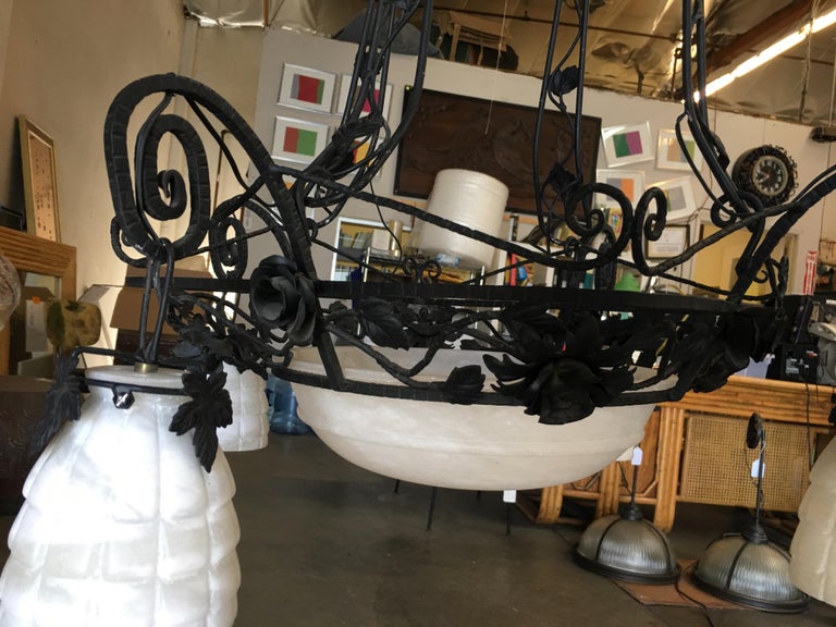 Black Iron Tole 4-Light Chandelier with Alabaster Shades
