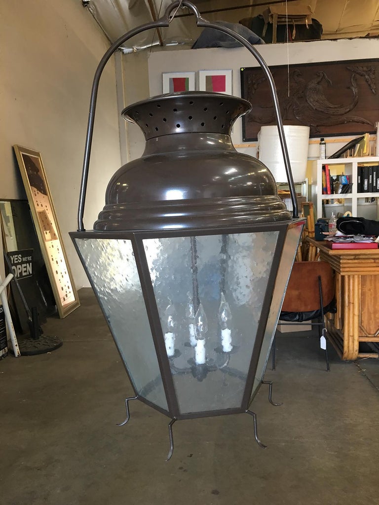 Large Octagon Bronze 4-Light Lantern Chandelier with Handle