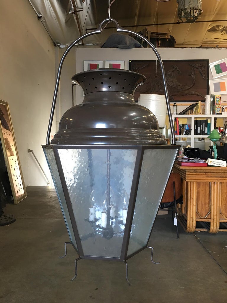 Large Octagon Bronze 4-Light Lantern Chandelier with Handle