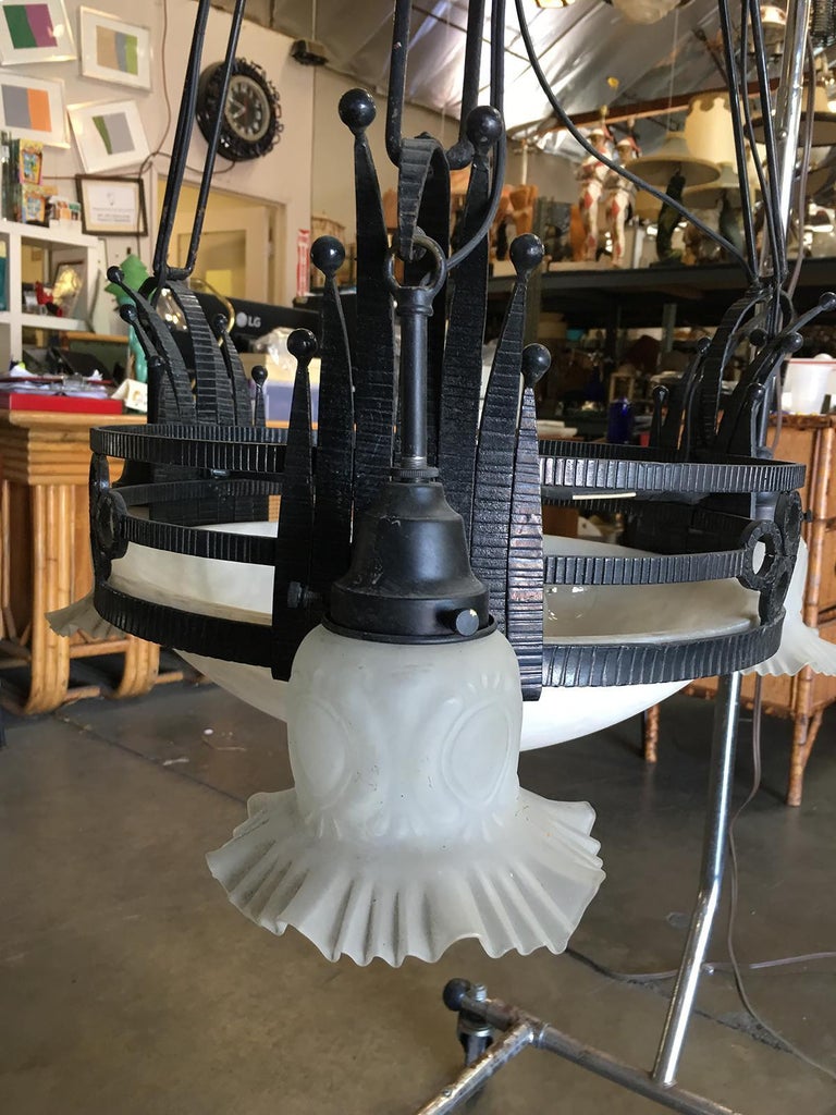 Black Iron Tole 6-Light Chandelier with Alabaster and Acid Patina