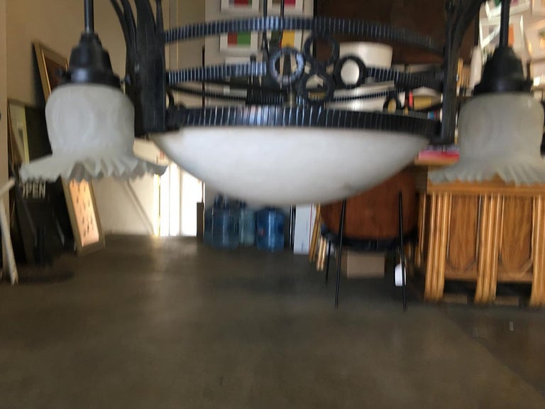 Black Iron Tole 6-Light Chandelier with Alabaster and Acid Patina