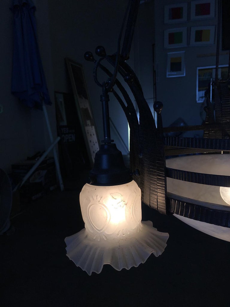 Black Iron Tole 6-Light Chandelier with Alabaster and Acid Patina