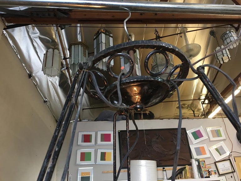 Black Iron Tole 6-Light Chandelier with Alabaster and Acid Patina