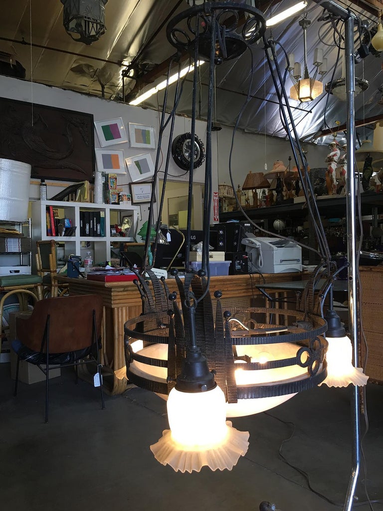 Black Iron Tole 6-Light Chandelier with Alabaster and Acid Patina