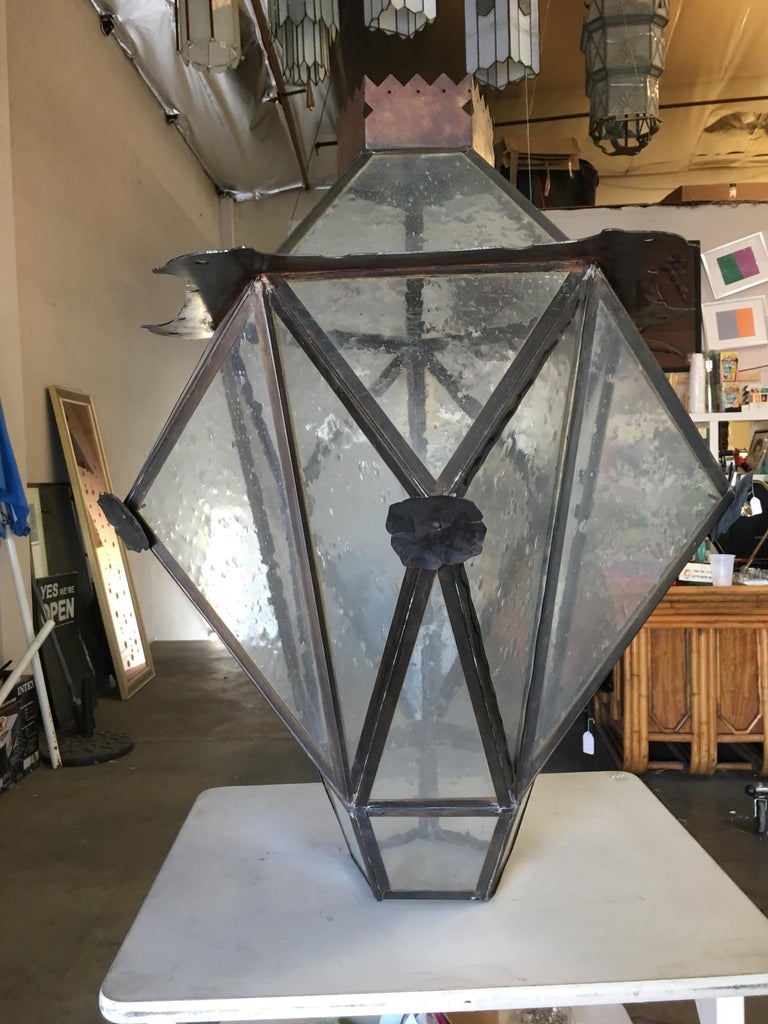 Large Geometric Bronze and Copper Lantern in the Style of Lyman Drake