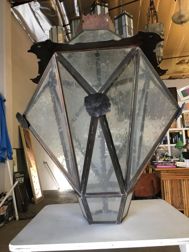 Large Geometric Bronze and Copper Lantern in the Style of Lyman Drake