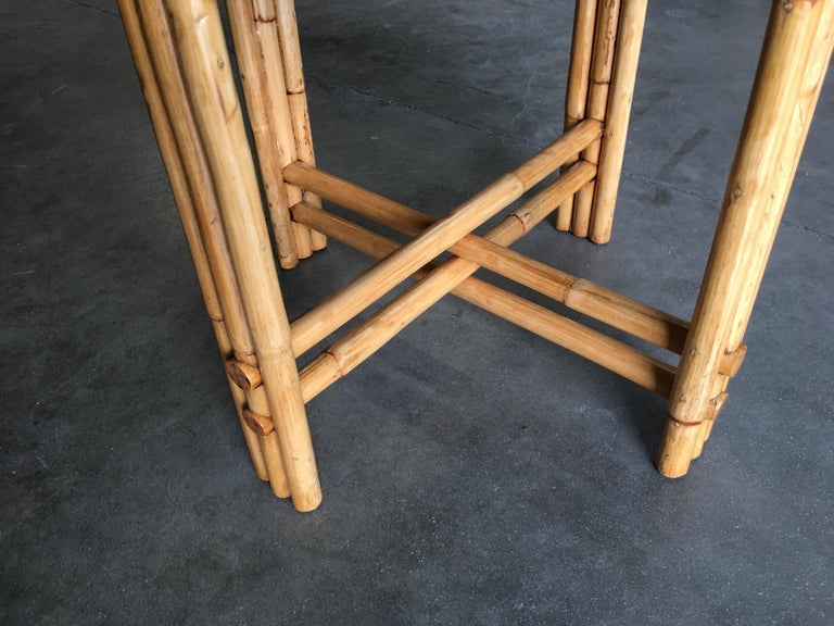 Restored Rattan Vertically Stacked Circular Drink Side Table with Mahogany Top