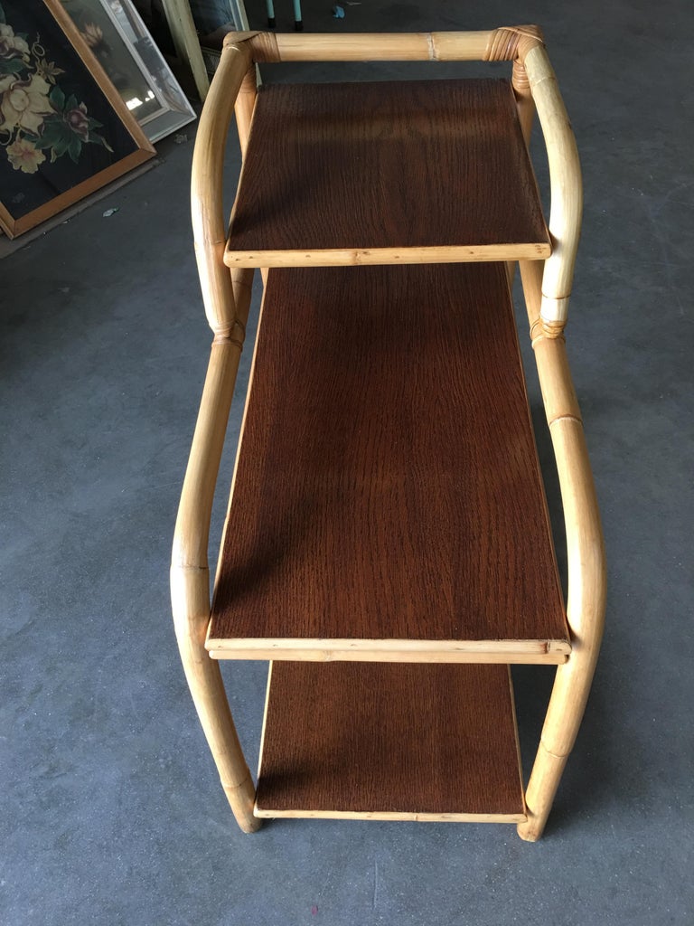 Restored Rattan Side Lamp Table with Three-Tier Mahogany Tops