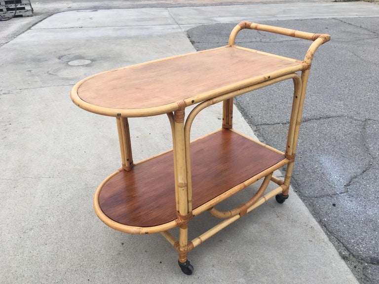 Two-Tier Rattan and Mahogany Tombstone Bar Cart
