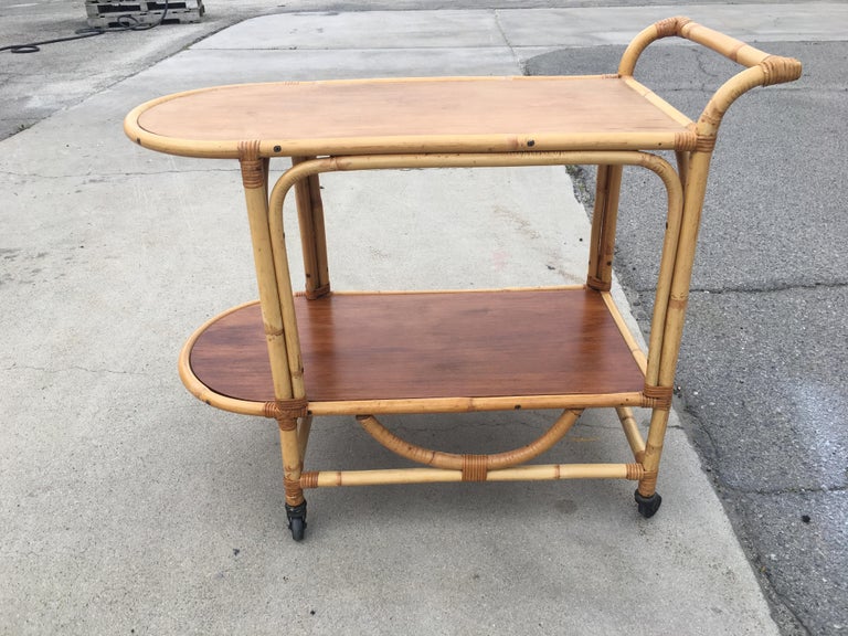 Two-Tier Rattan and Mahogany Tombstone Bar Cart