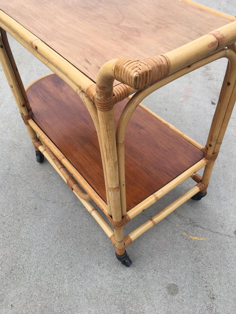 Two-Tier Rattan and Mahogany Tombstone Bar Cart