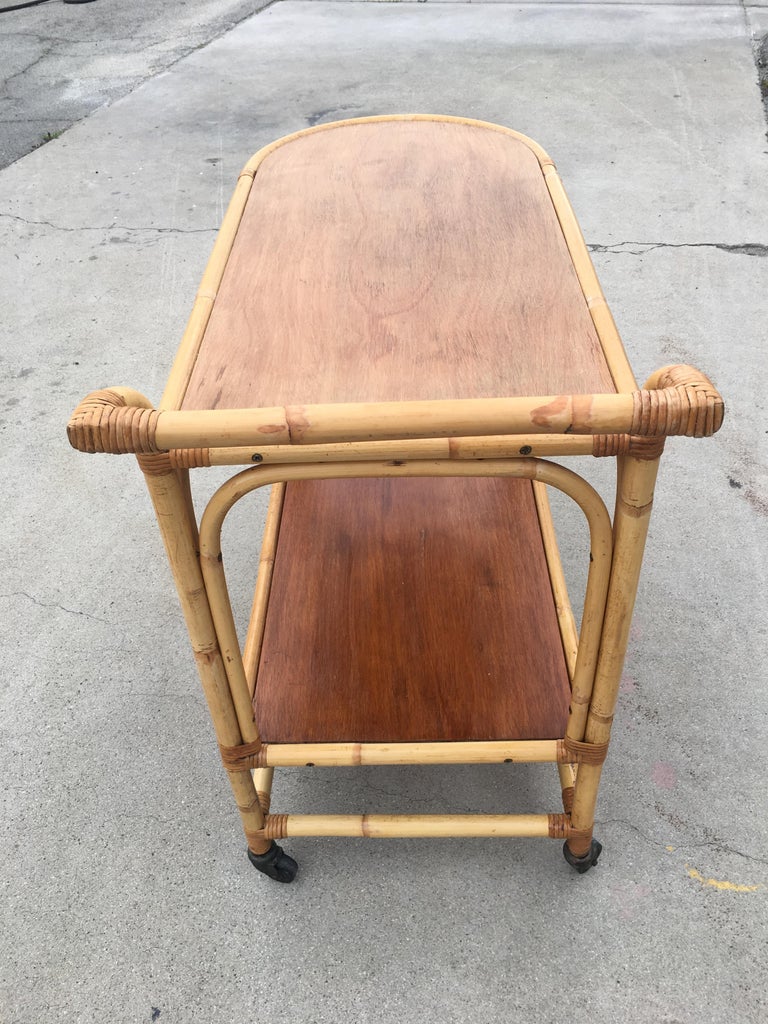 Two-Tier Rattan and Mahogany Tombstone Bar Cart