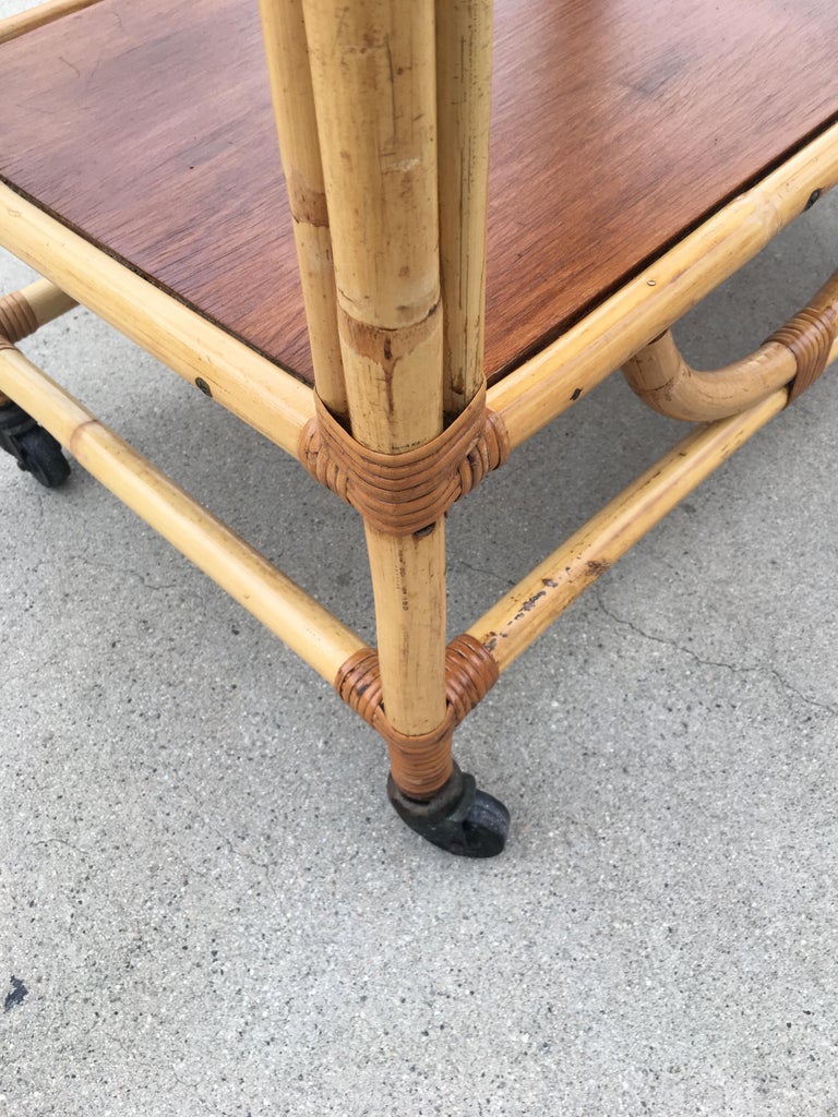 Two-Tier Rattan and Mahogany Tombstone Bar Cart