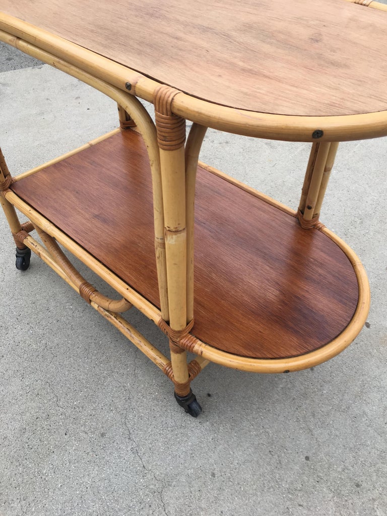 Two-Tier Rattan and Mahogany Tombstone Bar Cart