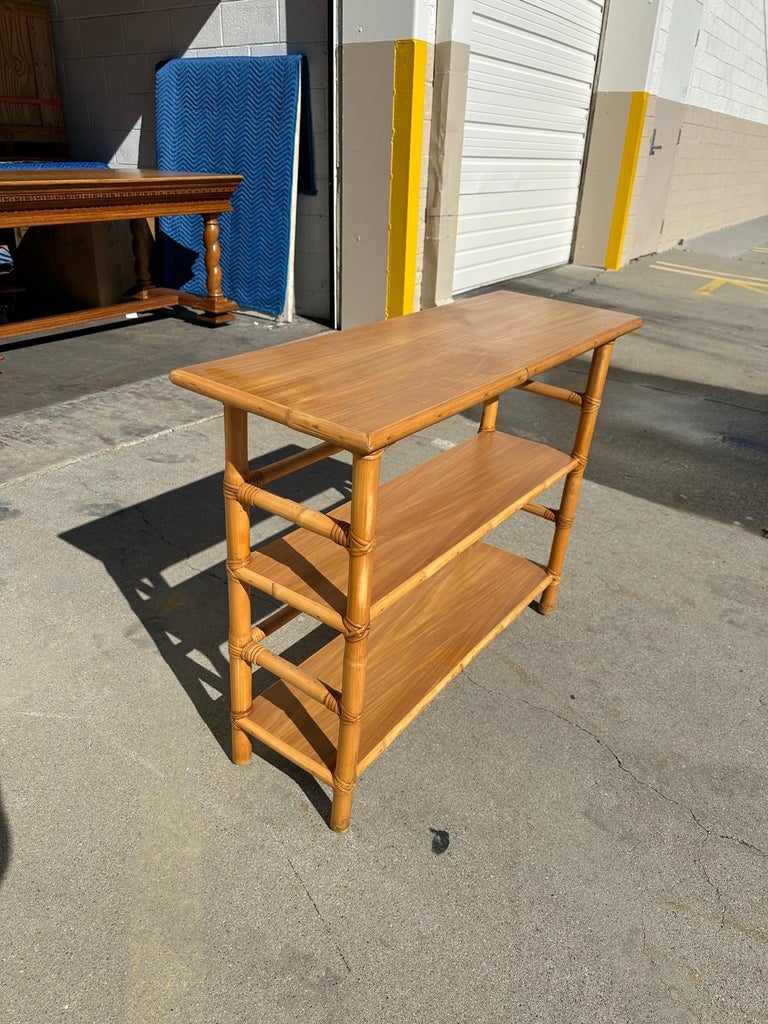 Post War Restored Mid-Century Rattan and Mahogany Bookcase Console Table