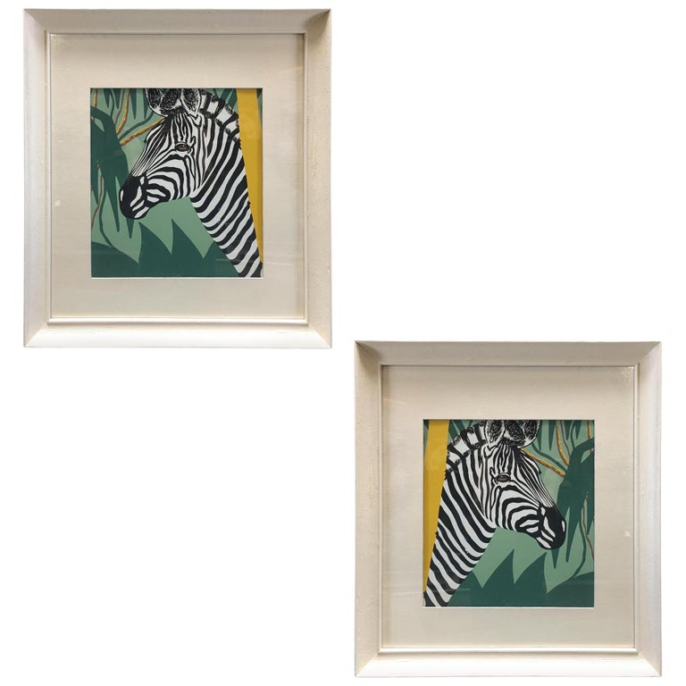 Post War Hawaiian Airbrush Zebra in Original Frame w/ large Mat, Pair