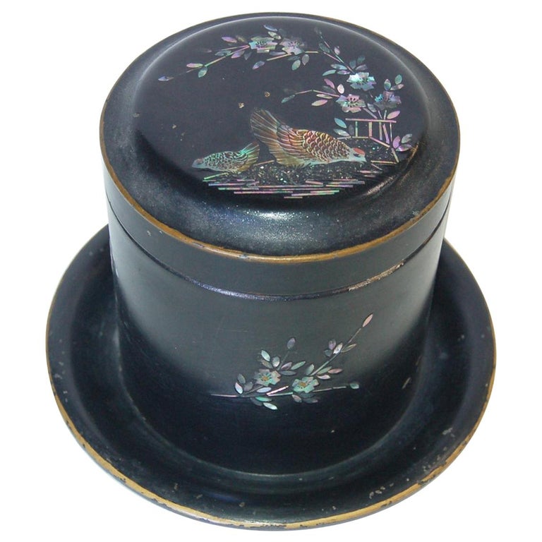 Vintage Post War Japanese Black Aboloni Round Tea Caddie Canister