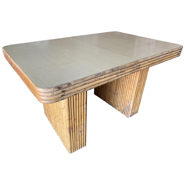 Restored Six-Person Rattan and Formica Dining Table with Vertically Stacked Base