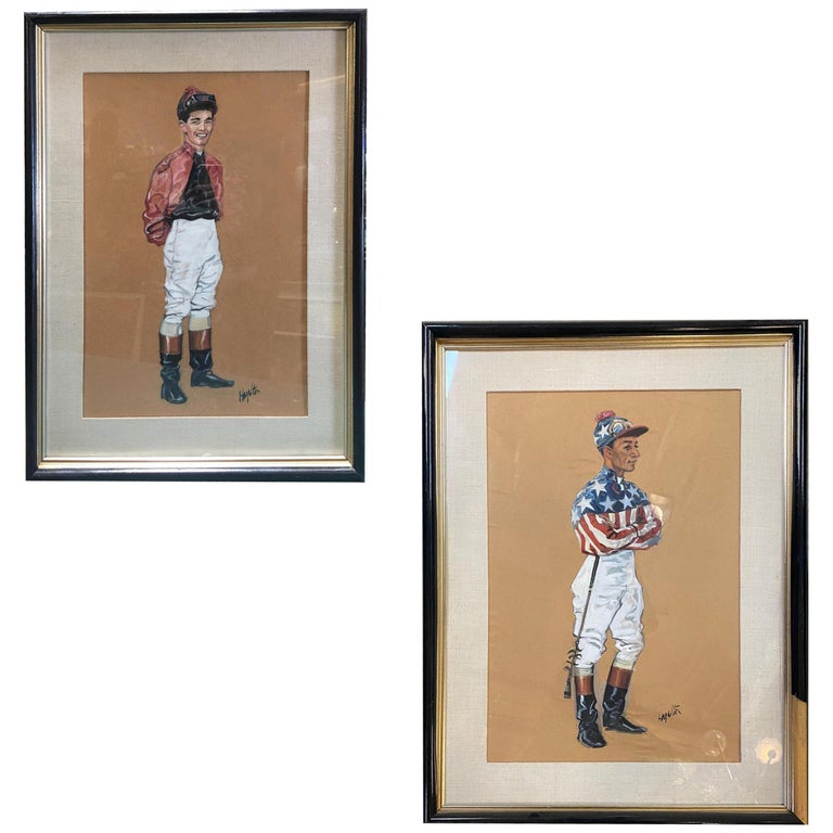 Pastel on Paper Horse Racing Jockey by Hagulaton, Pair
