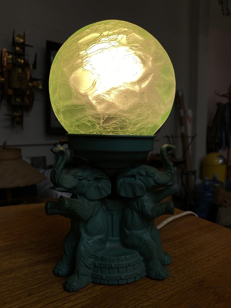 Art Deco Spelter Metal Elephant Lamp with Crackle Shade by A.P.T. NY