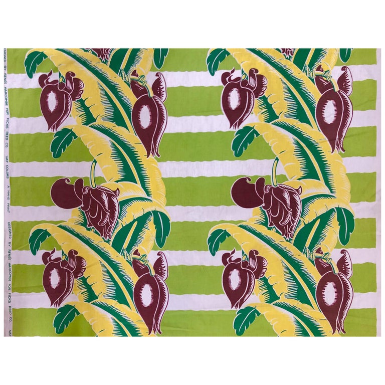 Wavy Green Striped Barkcloth with Tropical Banana Leaf Pattern