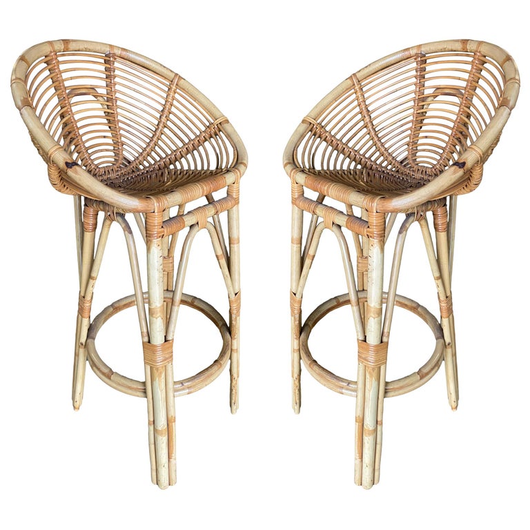 Restored Stick Rattan Bar Stools in the Manner of Albini, Pair