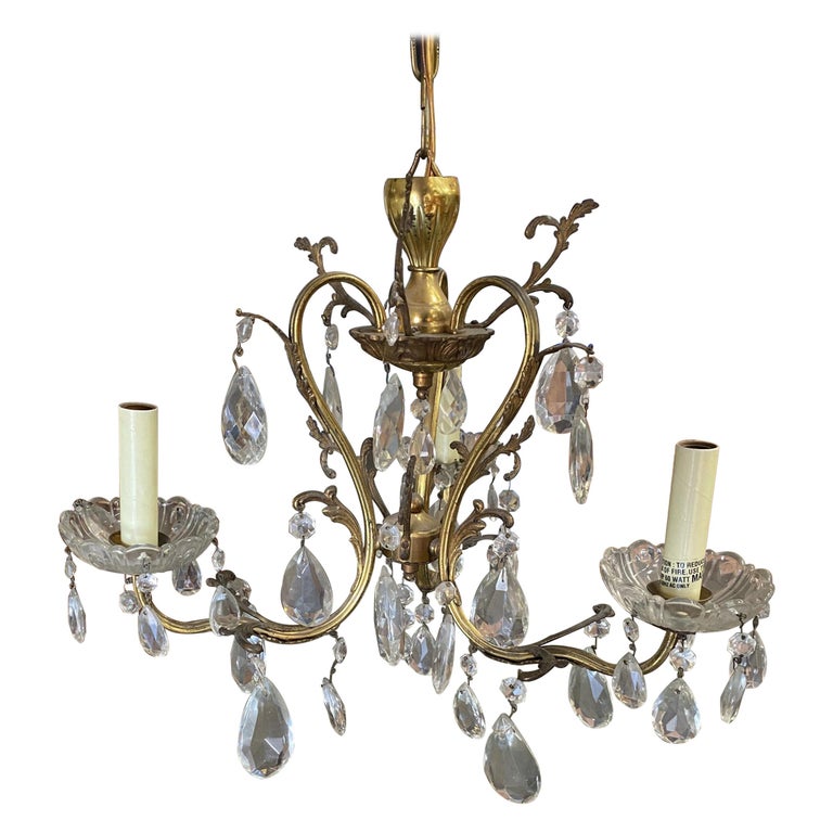 Hollywood Regency Crystal and Brass Chandelier Three Lights