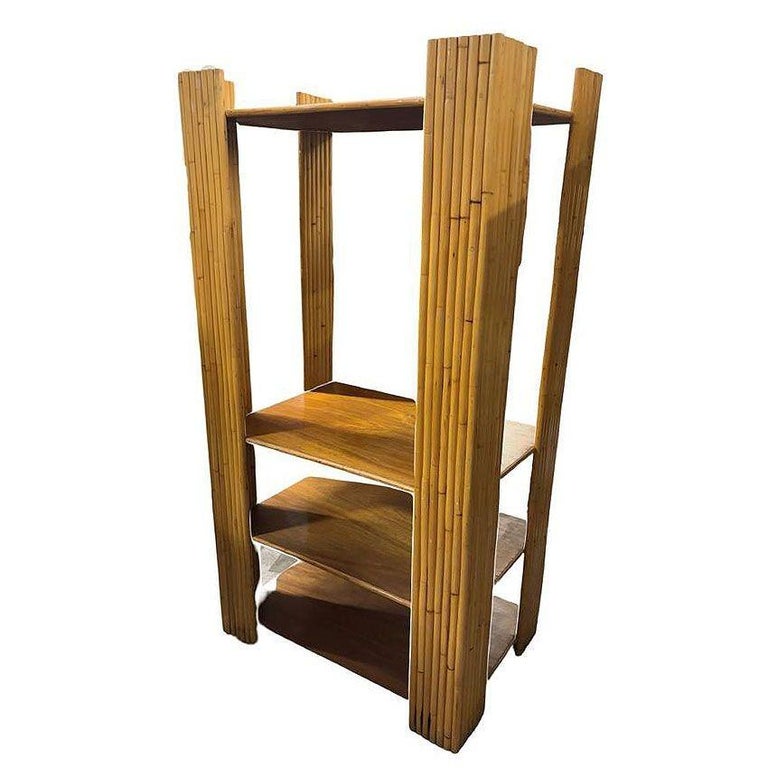 Restored Vertically Stacked Rattan 4-tier Rattan & Mahogany Etager Display Shelf