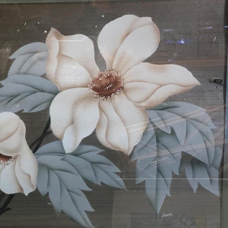 Postwar Hawaiian Airbrush Tropical Hibiscus Floral in White Wood Frame, Signed