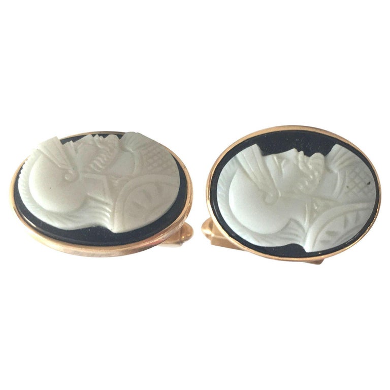 Hand Carved Shell "Knight" Cameo Cufflinks in 14-Karat with Bullet Back Clasp