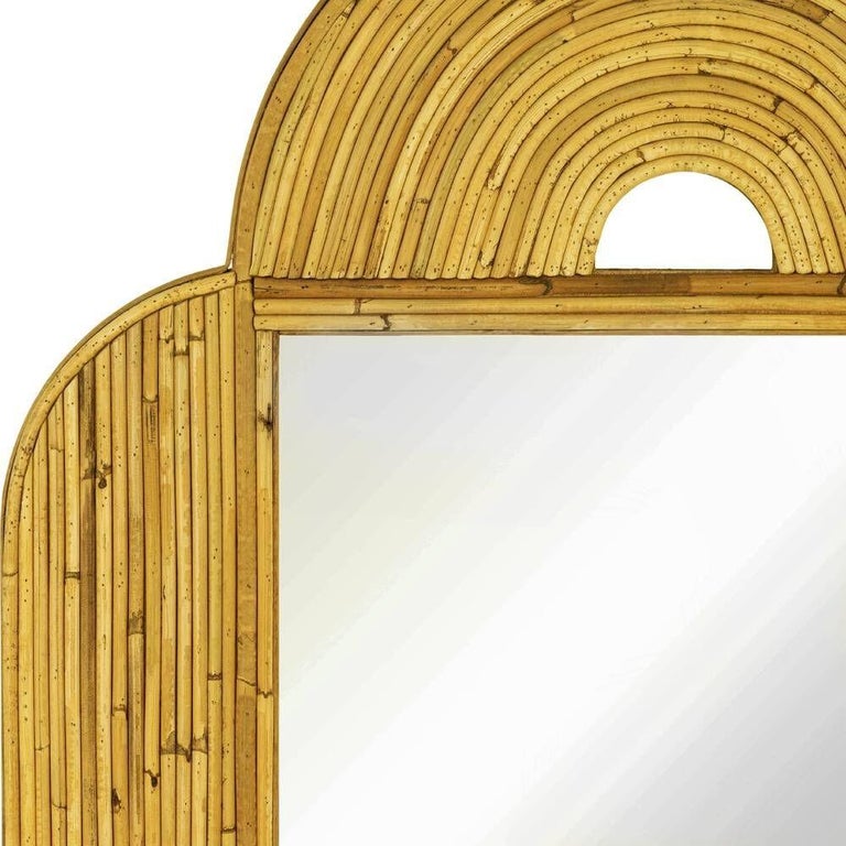 Large 47"x 30" Italian Restored Streamline Split Reed Rattan Arched Wall Mirror