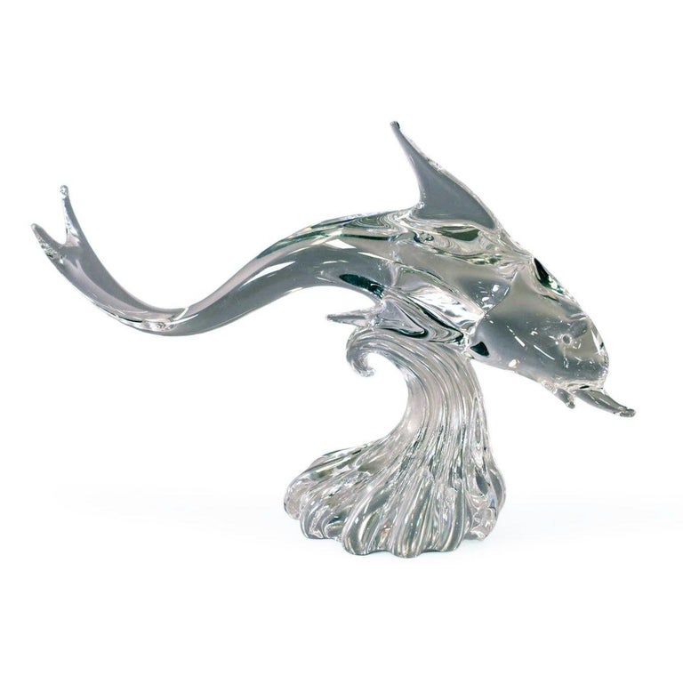 Large Hand-Blown Murano Crystal Leaded Glass Dolphin Sculpture Archimede Seguso