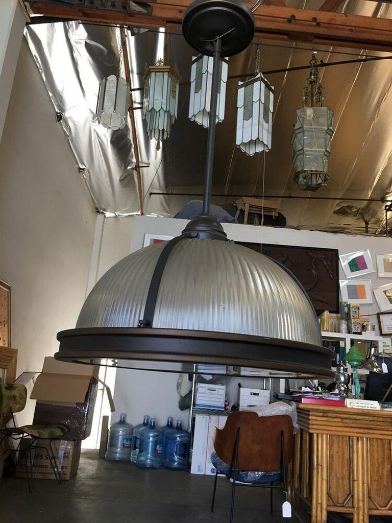 Industrial Ribbed Pendant Lamp Holophane Style Pair