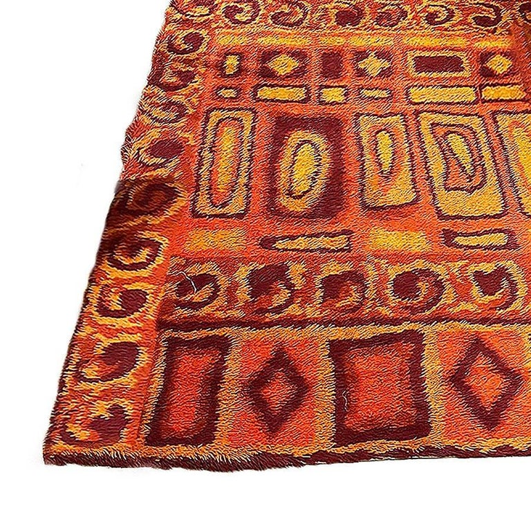 Mid-century 8' Foot Hand-Hooked Scandinavian Shag Rug w/ Abstract Design